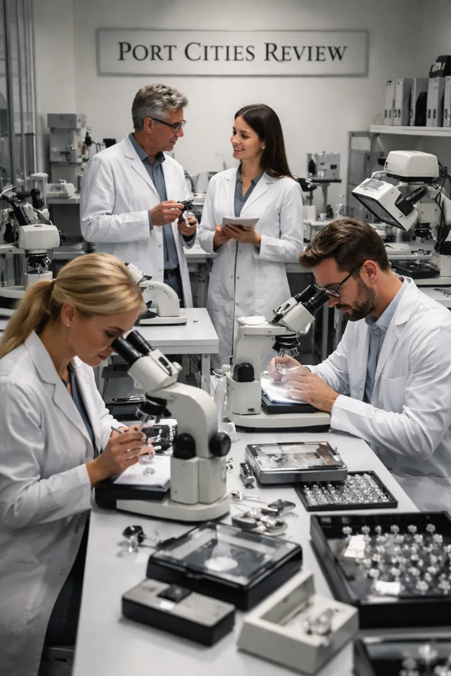Independent gemologists working in a gemology laboratory at Port Cities Review